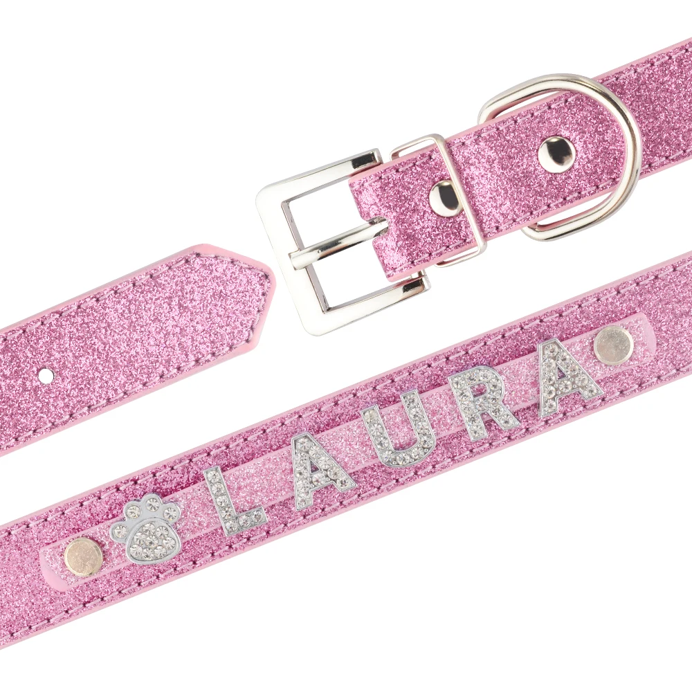 Personalized Dog Collar Leather Rhinestone Bling Charms Custom Pet Dogs Cat Name - Imagen 4