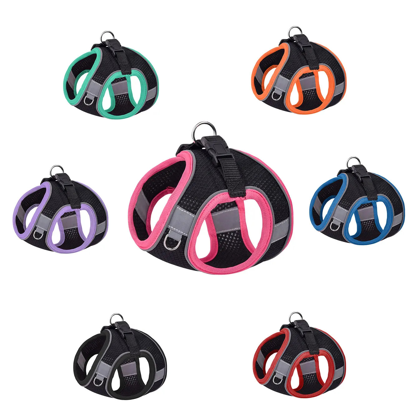 HP199--1pc adjustable vest pet dog & cat harness, black and breathable mesh fabric with colorful edge covering. — изображение 6