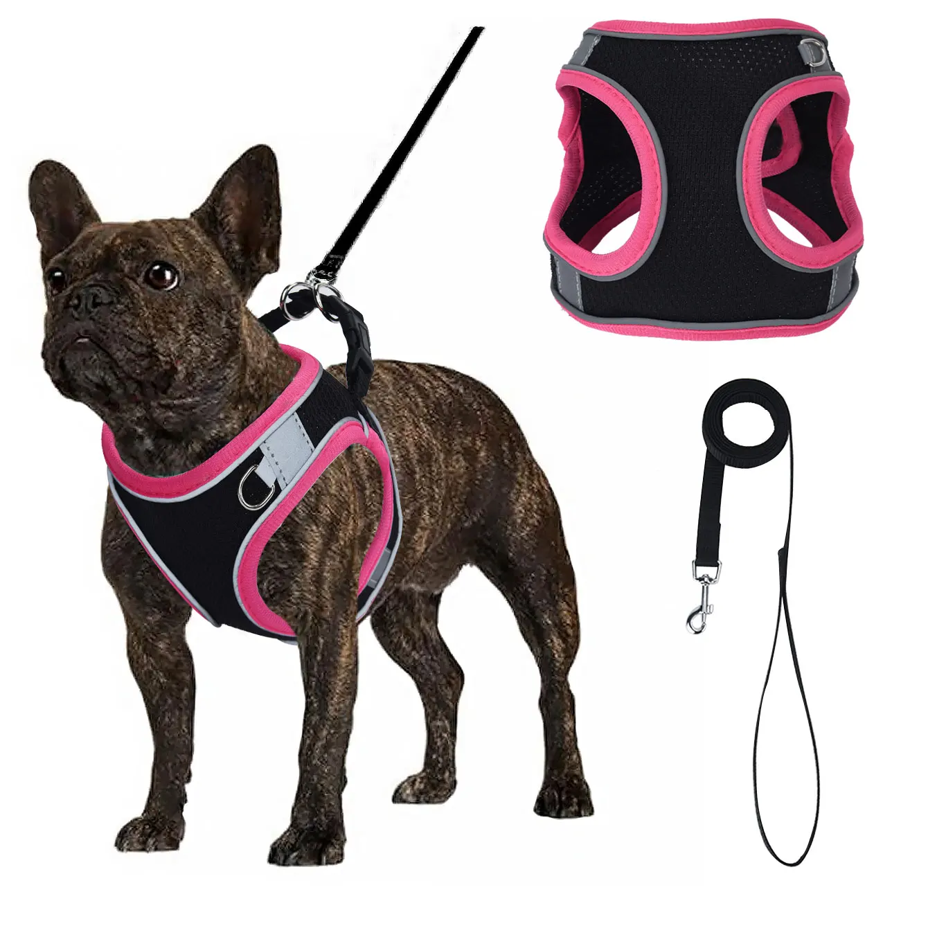 HP199--1pc adjustable vest pet dog & cat harness, black and breathable mesh fabric with colorful edge covering.
