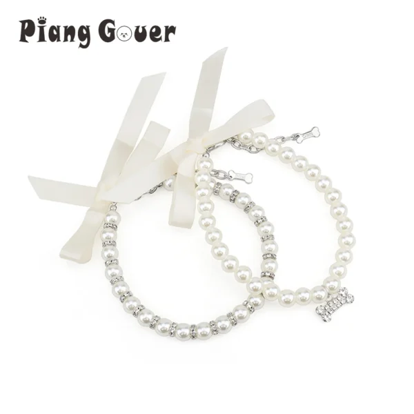 Bow Dog Pearl Collar Artificial Pearl Rhinestone Puppy Necklace with Bone Pendant Pet Cat Collar
