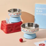 One piece of pet stainless steel high-foot bowl, colorful cartoon pattern single bowl, anti-black mouth, cervical vertebra prote