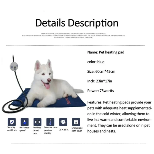 45×60cm Pet Electric Heating Pad Blanket Dog Cat Winter Warmer Pad Waterproof Adjustable Temperature Dog Mats US/UK/EU Plug - Image 6