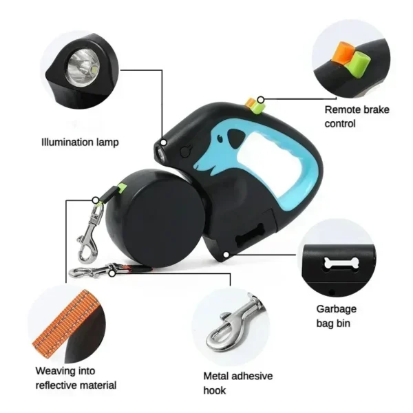 3m Retractable Rotating Pet Leash for 2 Dogs Multifunctional Double Rope Leashes with Flashlight and Poop Bag Box - Image 5