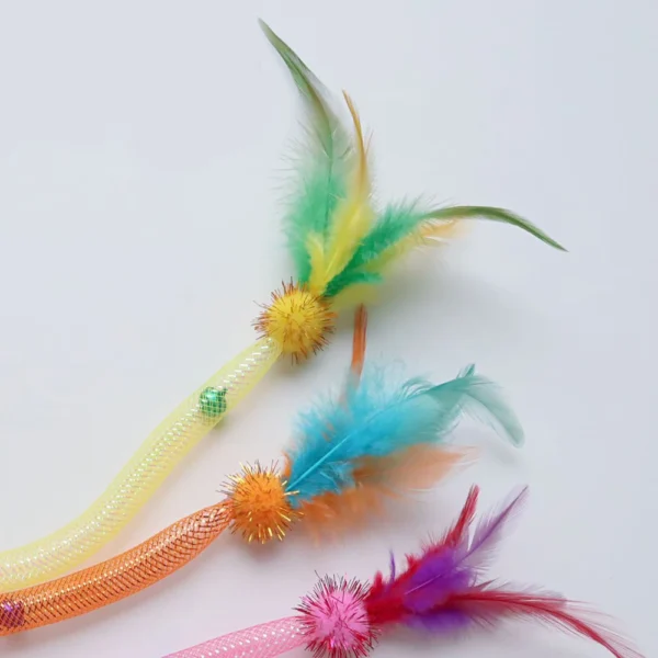 3pcs Mix Feather Teasing Cat Stick Elastic Mesh Tube Cat Toy Rod Kitten Interactive Toys Pet Wand - Image 5