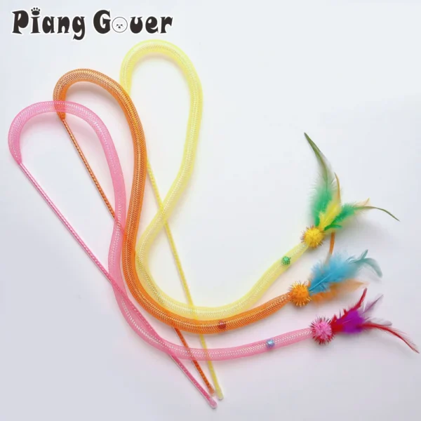 3pcs Mix Feather Teasing Cat Stick Elastic Mesh Tube Cat Toy Rod Kitten Interactive Toys Pet Wand