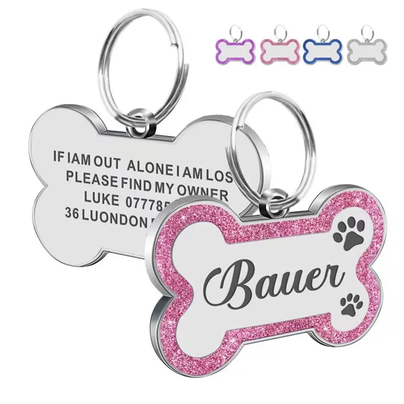 Custom Double Side Dog Cat ID Tag Glitter Dogs Cats Name Pendant Tags Pet Collar Accessories Anti-lost Bone Tags for Dog Cat