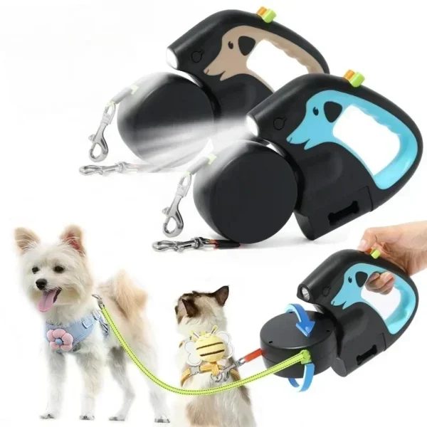3m Retractable Rotating Pet Leash for 2 Dogs Multifunctional Double Rope Leashes with Flashlight and Poop Bag Box