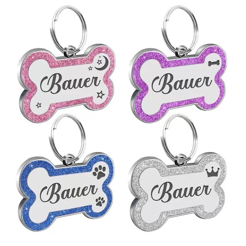 Custom Double Side Dog Cat ID Tag Glitter Dogs Cats Name Pendant Tags Pet Collar Accessories Anti-lost Bone Tags for Dog Cat - Image 2