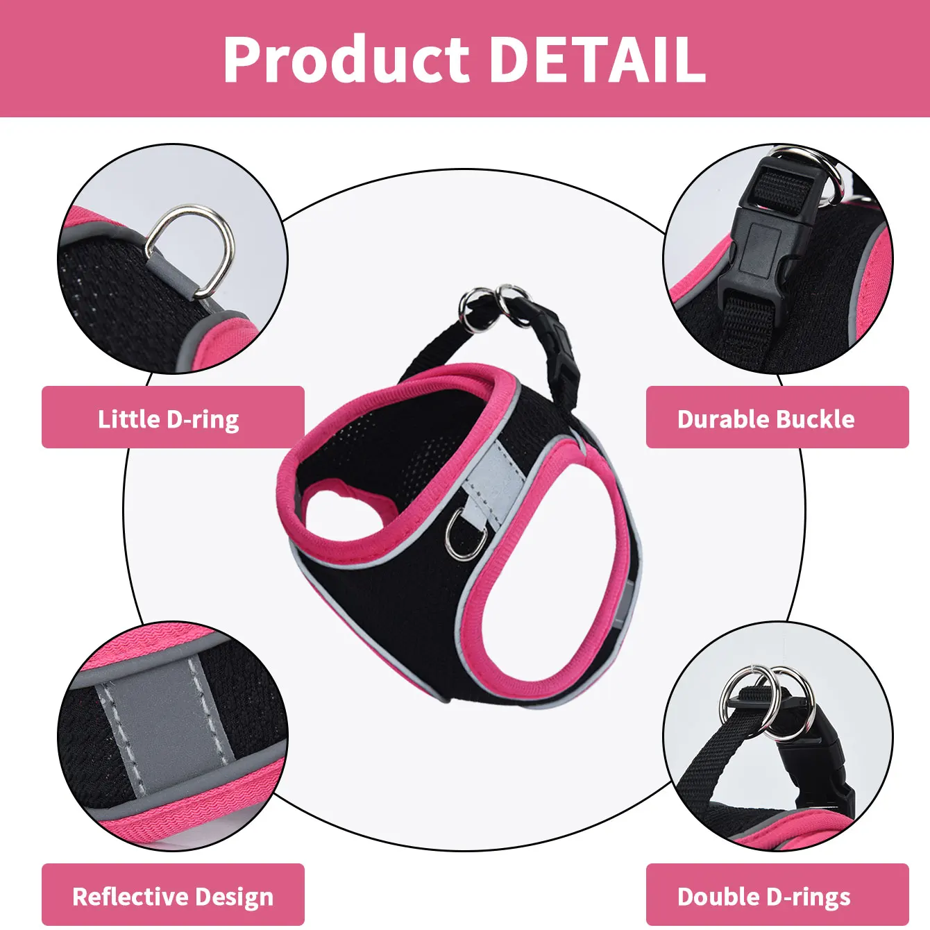 HP199--1pc adjustable vest pet dog & cat harness, black and breathable mesh fabric with colorful edge covering. — изображение 4
